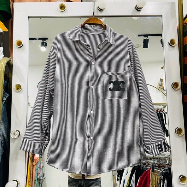 Sơmi Unisex Kẻ Sọc Dài Tay In Logo Ngực C.E.L.I❣️Sơ mi Kẻ Xám Form Rộng Mẫu Hot Năm Nay