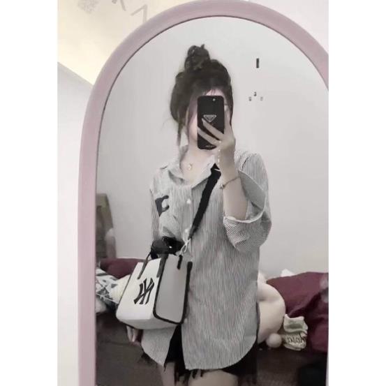 Sơmi Unisex Kẻ Sọc Dài Tay In Logo Ngực C.E.L.I❣️Sơ mi Kẻ Xám Form Rộng Mẫu Hot Năm Nay