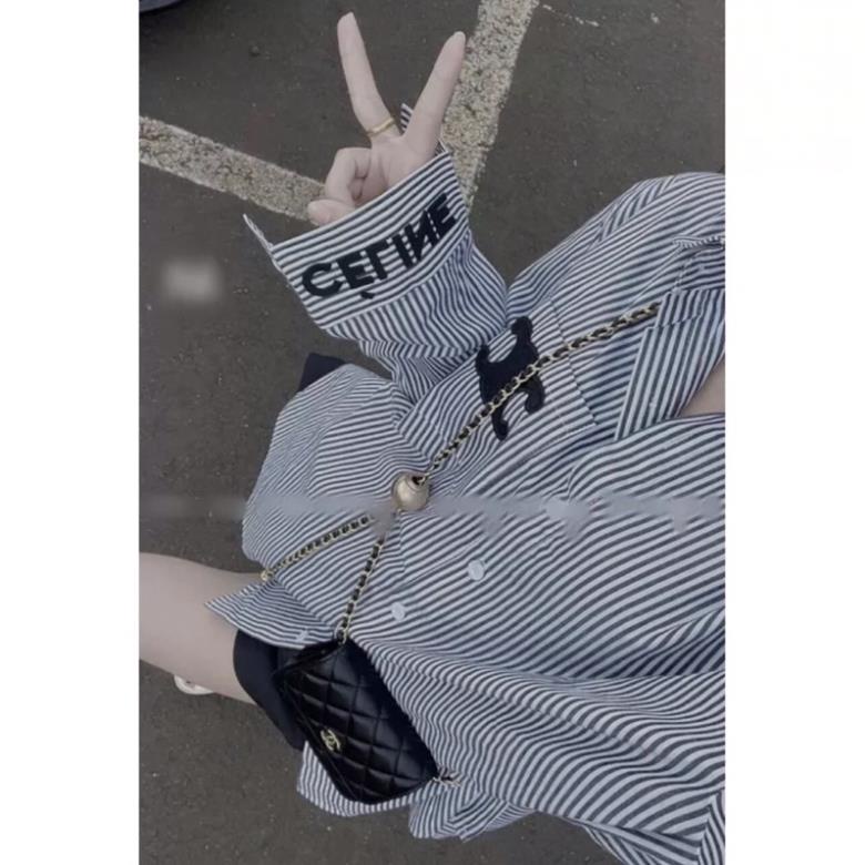 Sơmi Unisex Kẻ Sọc Dài Tay In Logo Ngực C.E.L.I❣️Sơ mi Kẻ Xám Form Rộng Mẫu Hot Năm Nay