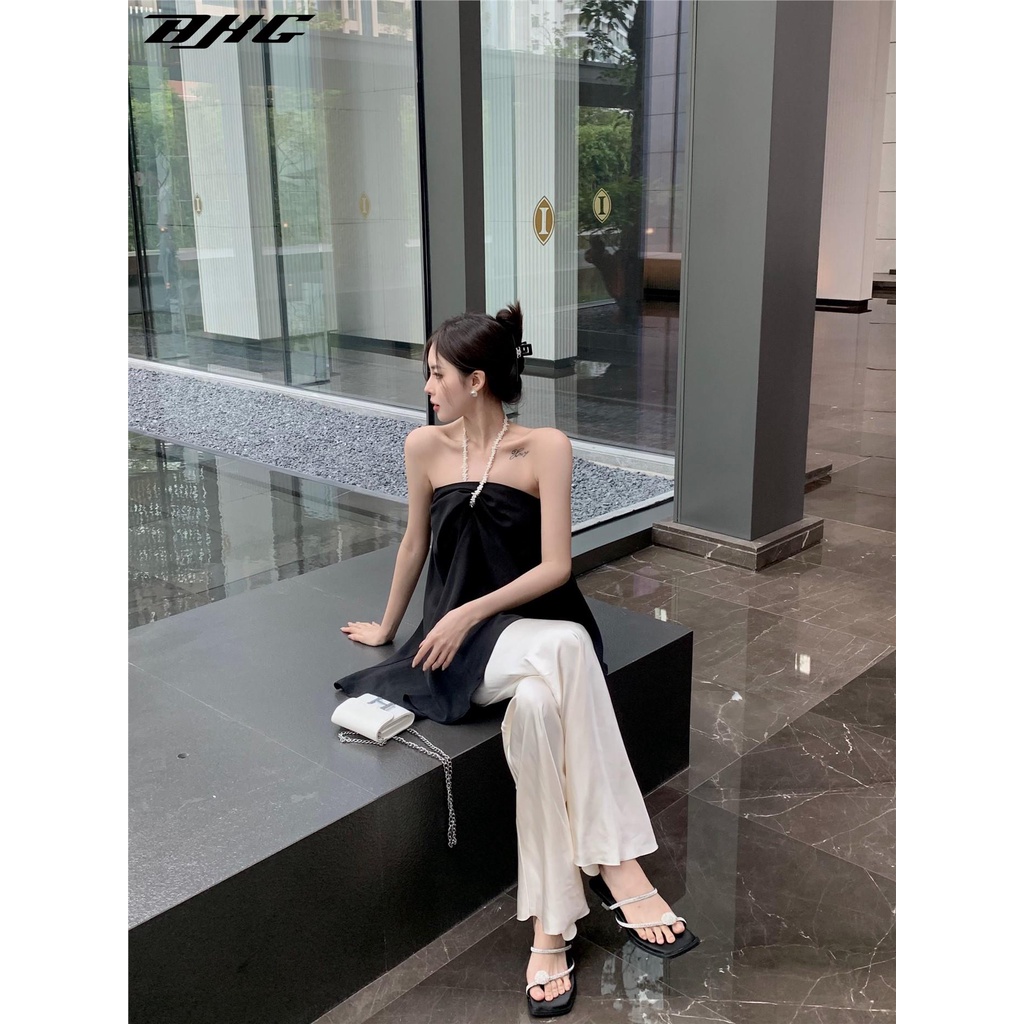 Quần dài BJHG WAVW lưng cao ống rộng vải satin thời trang mùa hè cho nữ