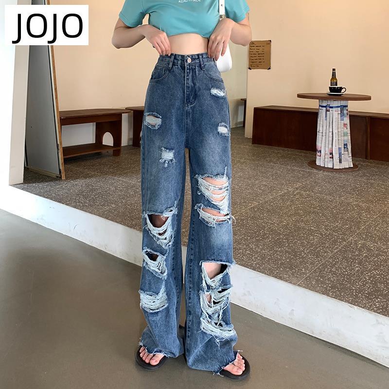 Quần Jean Rách Dáng Suông Ống Rộng Phong Cách Đường Phố Mỹ Plus Size Cho Nữ