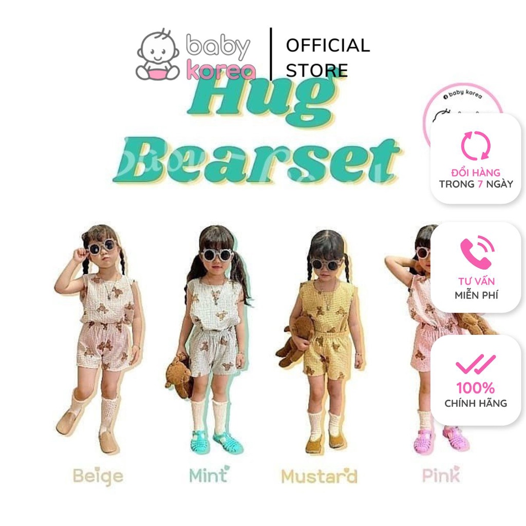 Set hè áo cộc tay kèm quần sooc kẻ xốp nhăn hoạ tiết gấu UNIBLING mềm mát made in Korea cho bé từ 8-30kg BABYKOREA