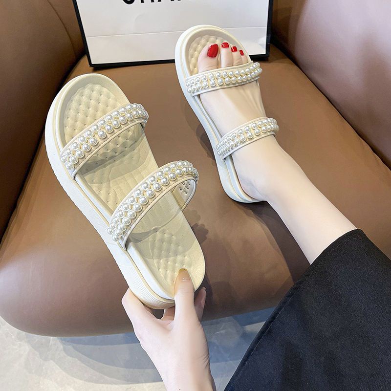 Dép Đế Dày Quai Ngang Đính Ngọc Trai Thời Trang Dành Cho Nữ