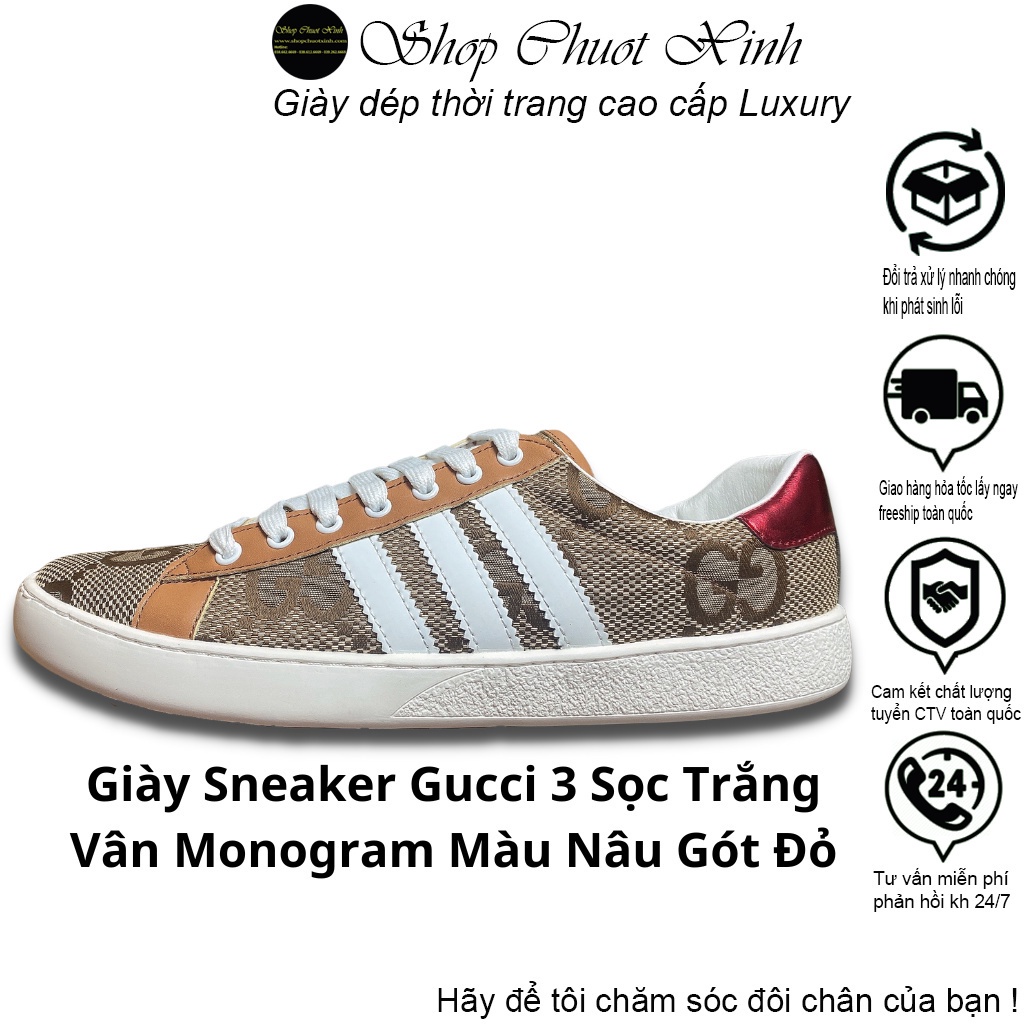 Giày sneaker Gc 3 sọc vân monogram màu nâu đế trắng gót đỏ full size nam nữ đủ phụ kiện