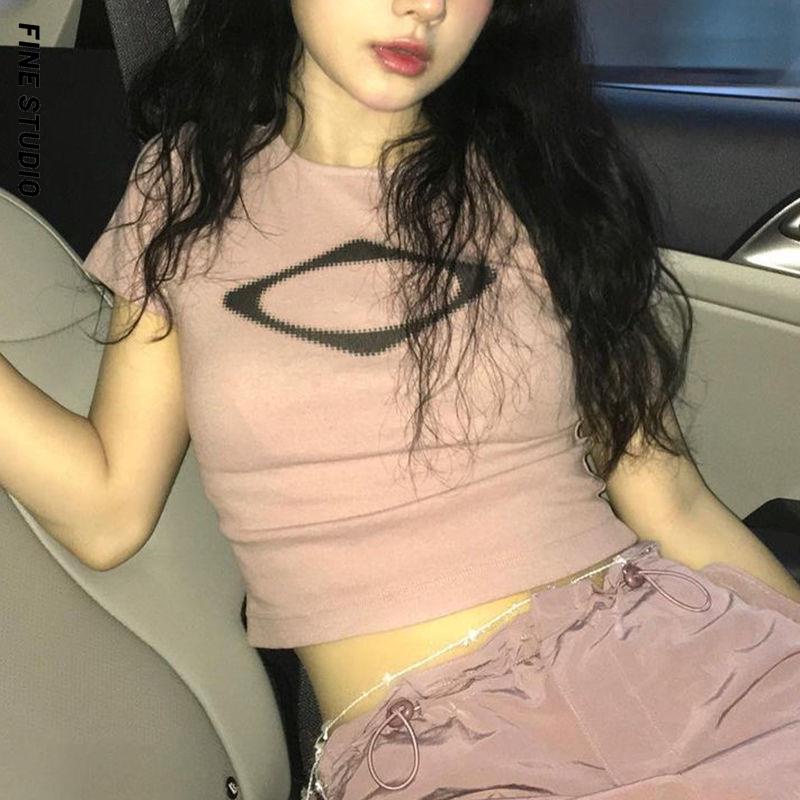 Fine Studio Áo Thun Ngắn Tay Ôm Dáng Mùa Hè Phong Cách Retro Mỹ Ngọt Ngào Cho Nữ