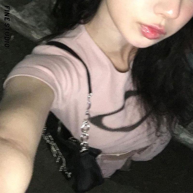 Fine Studio Áo Thun Ngắn Tay Ôm Dáng Mùa Hè Phong Cách Retro Mỹ Ngọt Ngào Cho Nữ