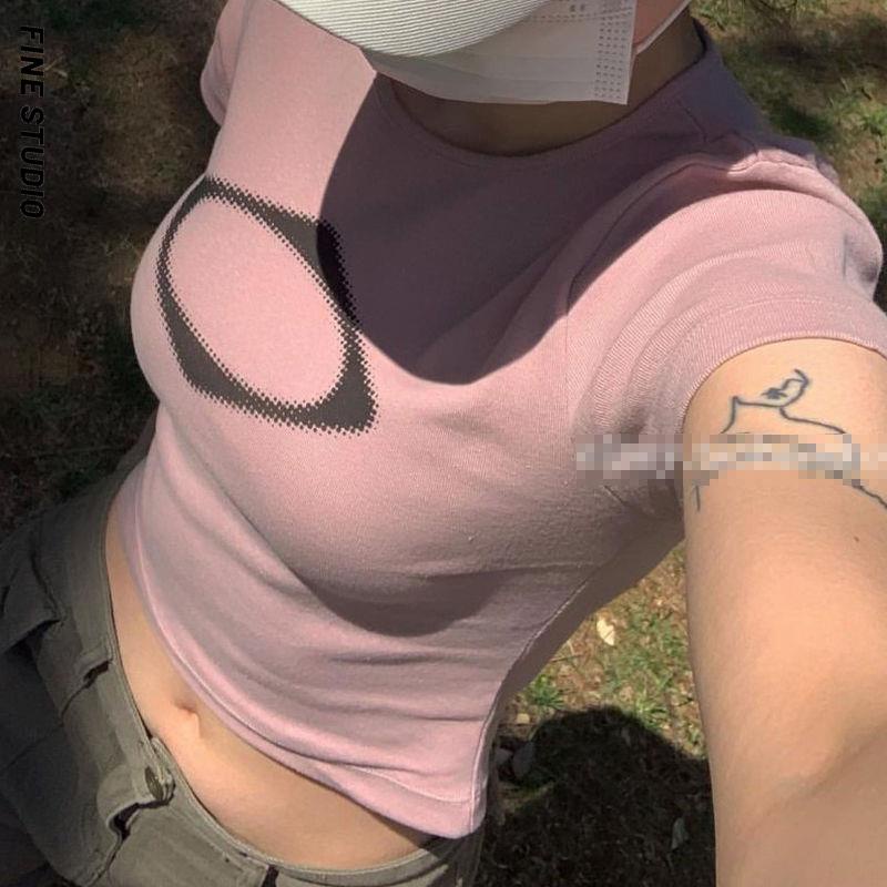 Fine Studio Áo Thun Ngắn Tay Ôm Dáng Mùa Hè Phong Cách Retro Mỹ Ngọt Ngào Cho Nữ