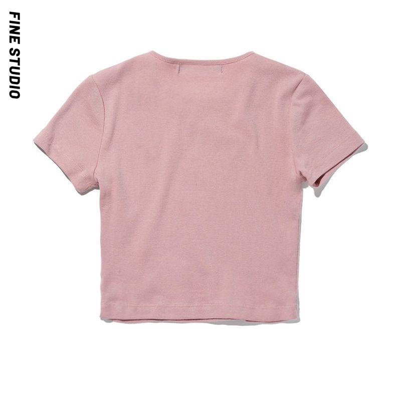 Fine Studio Áo Thun Ngắn Tay Ôm Dáng Mùa Hè Phong Cách Retro Mỹ Ngọt Ngào Cho Nữ