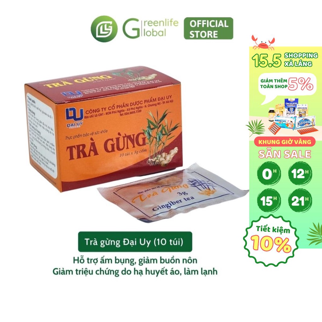 Trà gừng Đại Uy (Hộp 10 túi trà) làm ấm cơ thể, giảm đầy hơi, cảm lạnh
