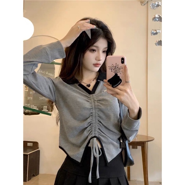 Áo Thun Tay Dài CỔ SƠ MI RÚT DÂY PHỐI VẠT NHỌN 2 BÊN, Trẻ trung sành điệu, Thương Thương shop