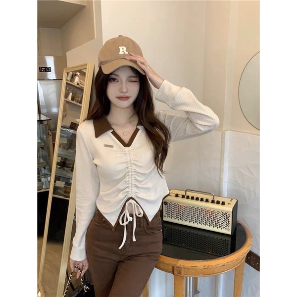 Áo Thun Tay Dài CỔ SƠ MI RÚT DÂY PHỐI VẠT NHỌN 2 BÊN, Trẻ trung sành điệu, Thương Thương shop