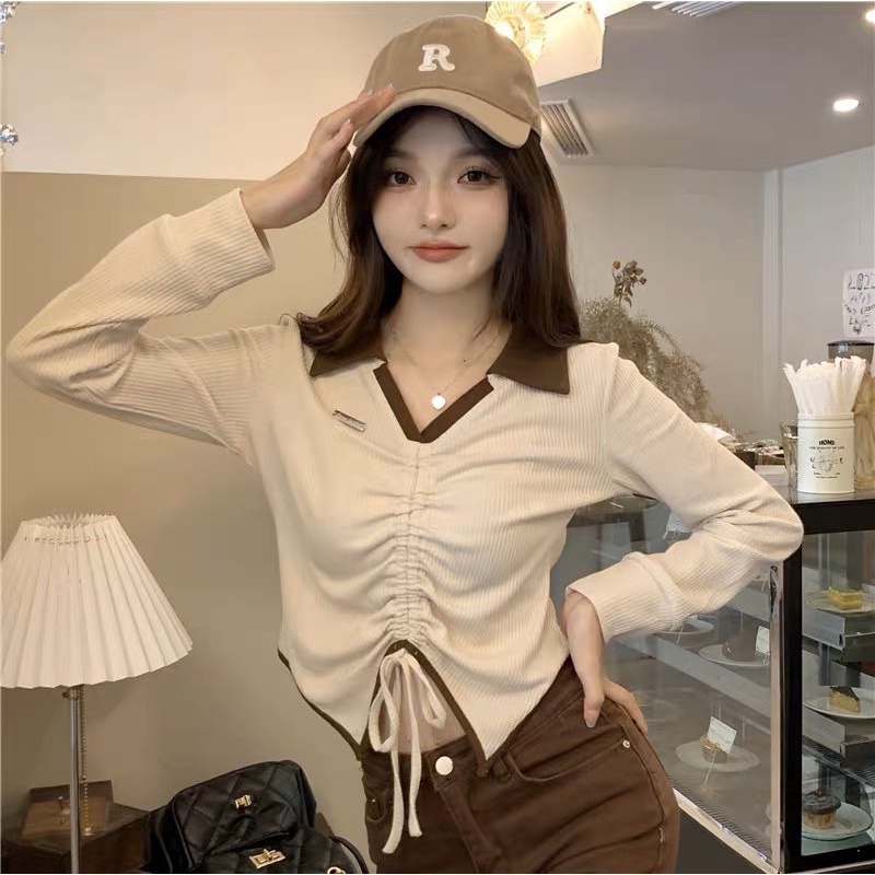 Áo Thun Tay Dài CỔ SƠ MI RÚT DÂY PHỐI VẠT NHỌN 2 BÊN, Trẻ trung sành điệu, Thương Thương shop