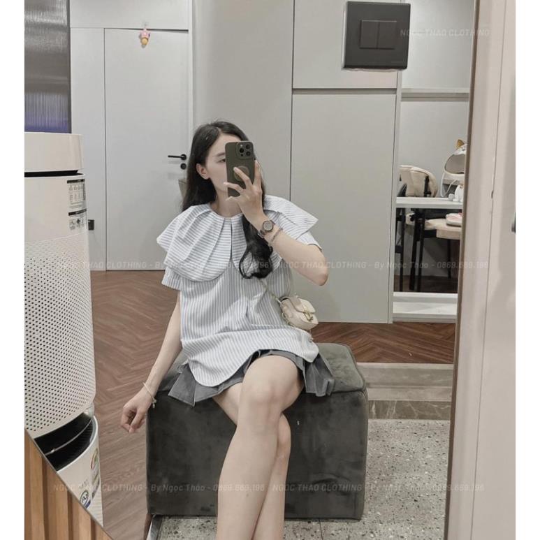 Áo sơ mi kẻ xanh cổ sen trẻ trung