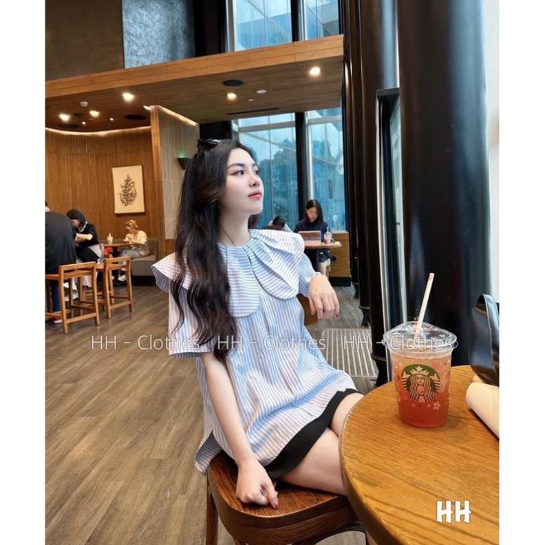 Áo sơ mi kẻ xanh cổ sen trẻ trung