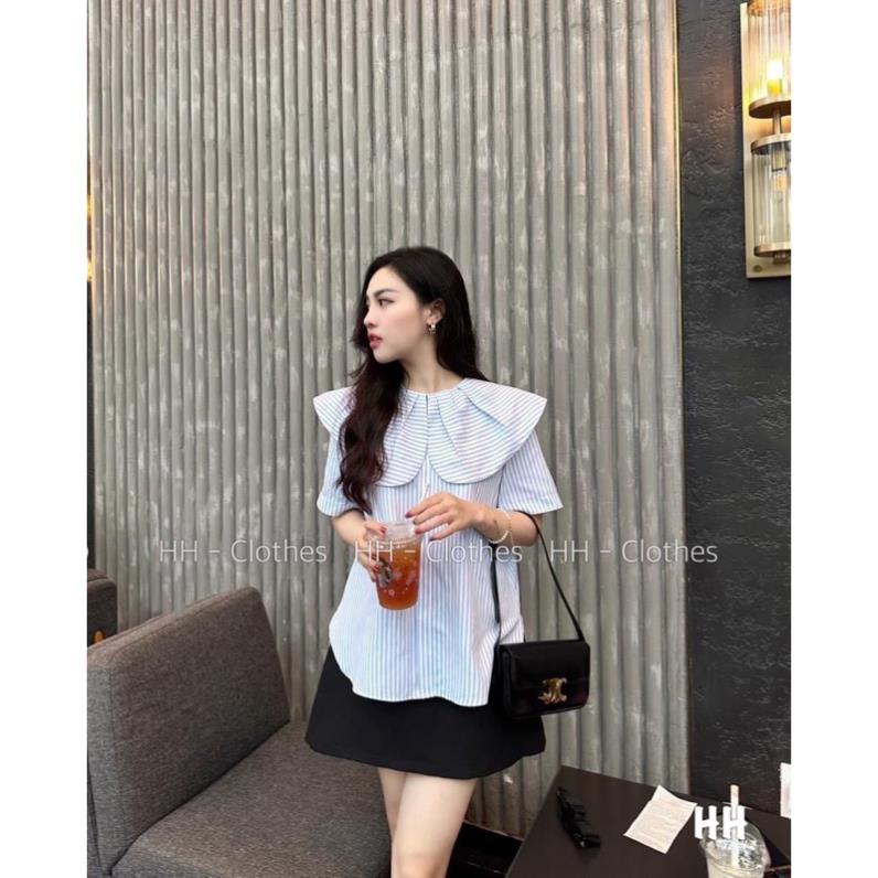 Áo sơ mi kẻ xanh cổ sen trẻ trung