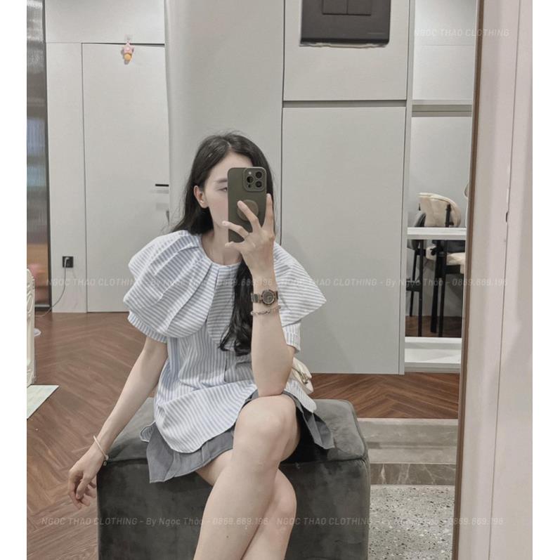 Áo sơ mi kẻ xanh cổ sen trẻ trung
