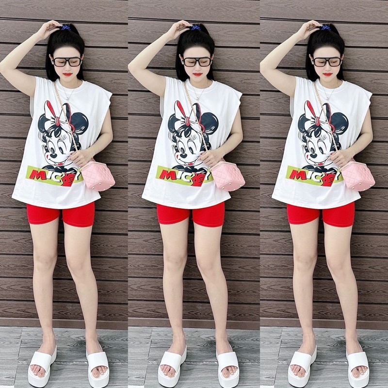sét bộ ngố nữ mickey in 5d to áo From rộng thụng mix quần ngố cotton