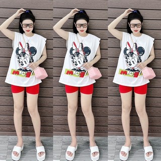 Sét bộ ngố nữ mickey in 5d to áo From rộng thụng mix quần ngố cotton