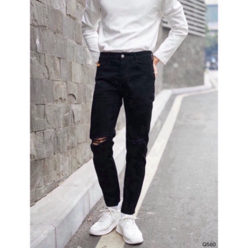 Quần Jean Dài Nam Rách Gối black color Chất Bò thời thượng co và giãn 4D đẹp tuyệt vời , From Dáng SkinnY a4 a735 q8s d4