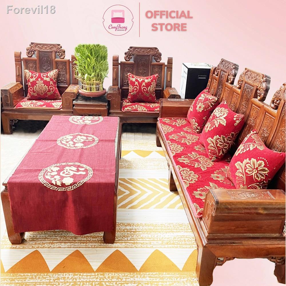 Thảm trải ghế phòng khách, trọn bộ đệm ghế sofa, thảm trải ghế gỗ, gối tựa thêu vi tính vải gấm cao cấp
