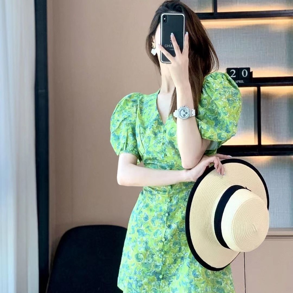 Đầm Tay Phồng Cổ Chữ V In Họa Tiết Hoa Thời Trang Mùa Hè Cho Nữ