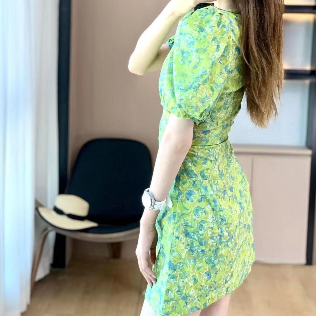 Đầm Tay Phồng Cổ Chữ V In Họa Tiết Hoa Thời Trang Mùa Hè Cho Nữ