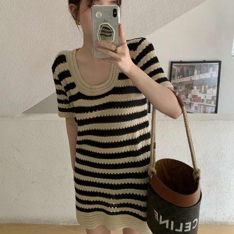 Đầm Tay Ngắn Họa Tiết Sọc Thời Trang Mùa Hè Dành Cho Nữ