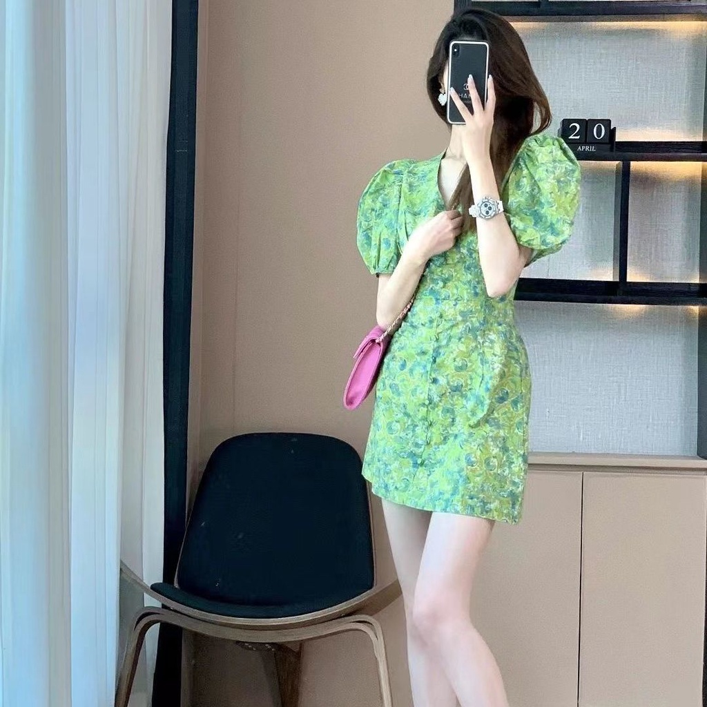 Đầm Tay Phồng Cổ Chữ V In Họa Tiết Hoa Thời Trang Mùa Hè Cho Nữ