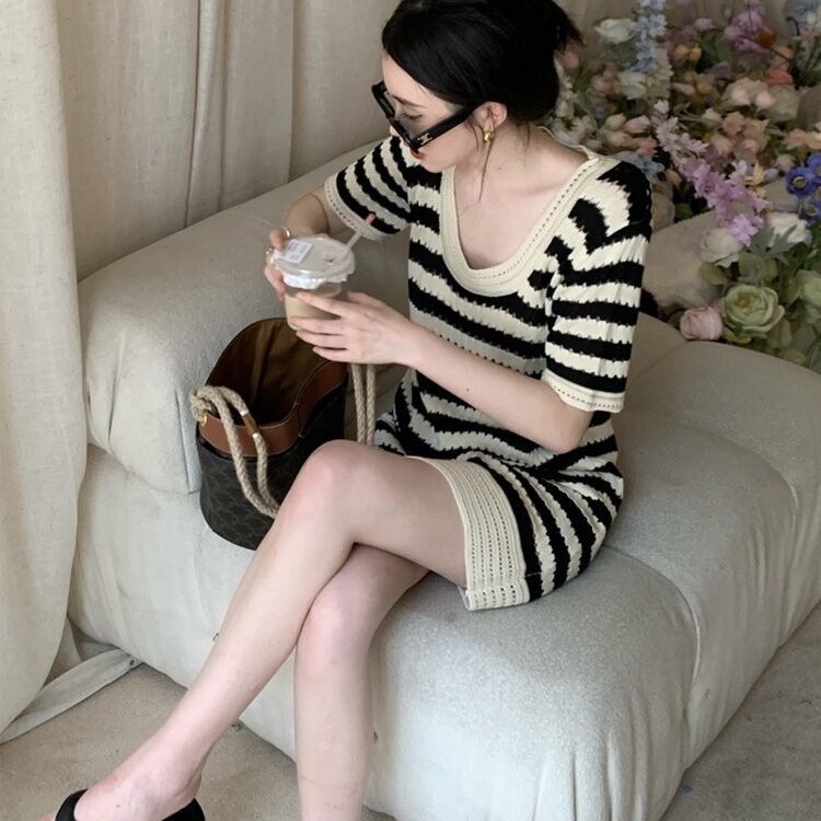 Đầm Tay Ngắn Họa Tiết Sọc Thời Trang Mùa Hè Dành Cho Nữ