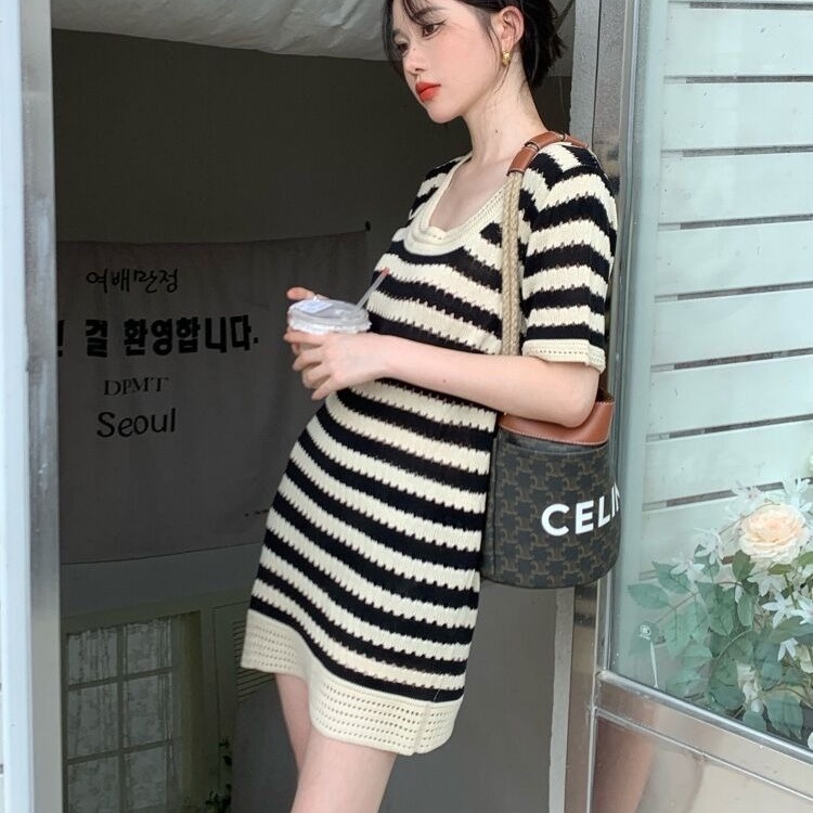 Đầm Tay Ngắn Họa Tiết Sọc Thời Trang Mùa Hè Dành Cho Nữ