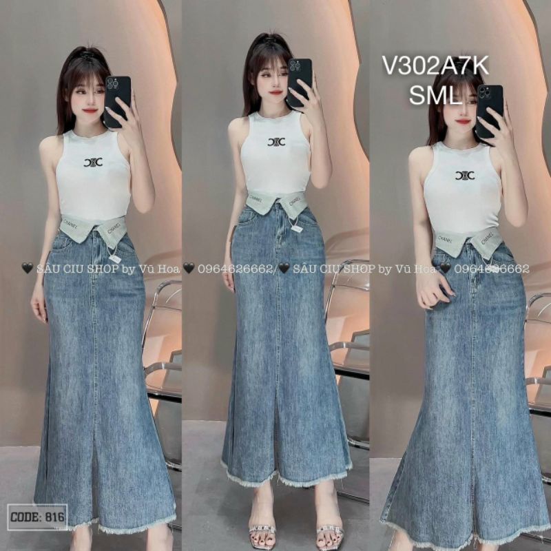 Chân váy jeans nữ cạp gập đuôi cá dáng dài ,chân váy bò dài cạp cao tua rua gấu phong cách Hàn Quốc -V816