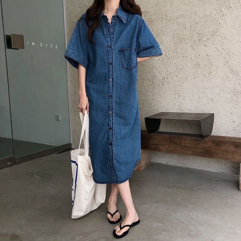 Đầm Sơ Mi Denim Tay Ngắn Cổ Cao Phong Cách Retro