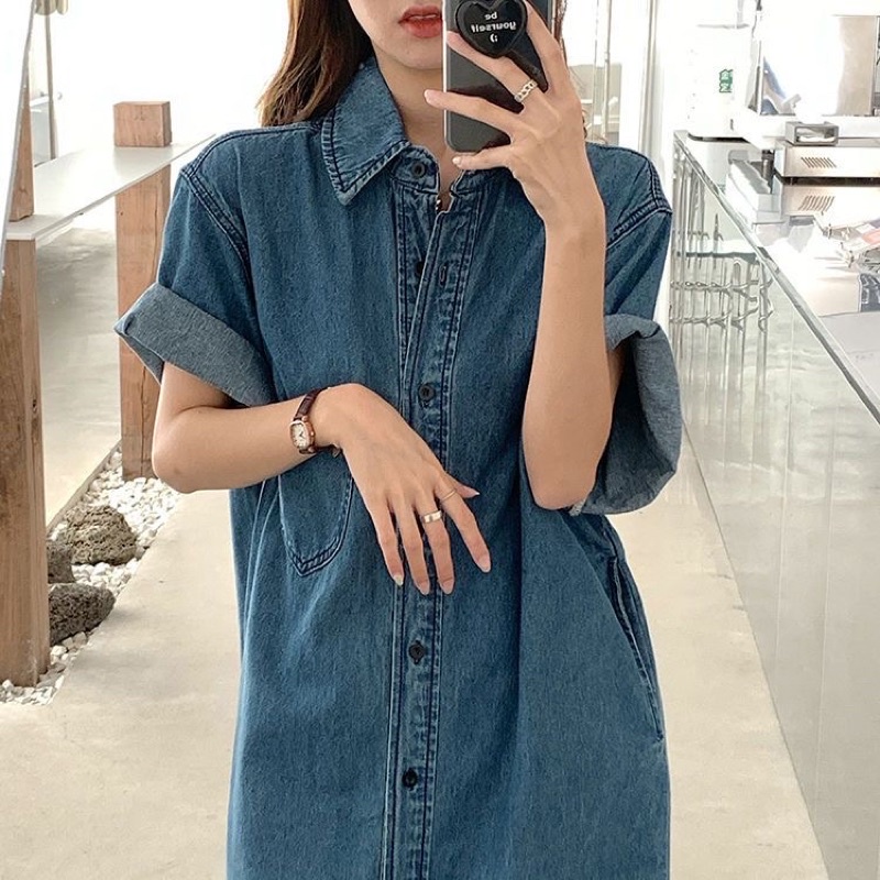 Đầm Sơ Mi Denim Tay Ngắn Cổ Cao Phong Cách Retro