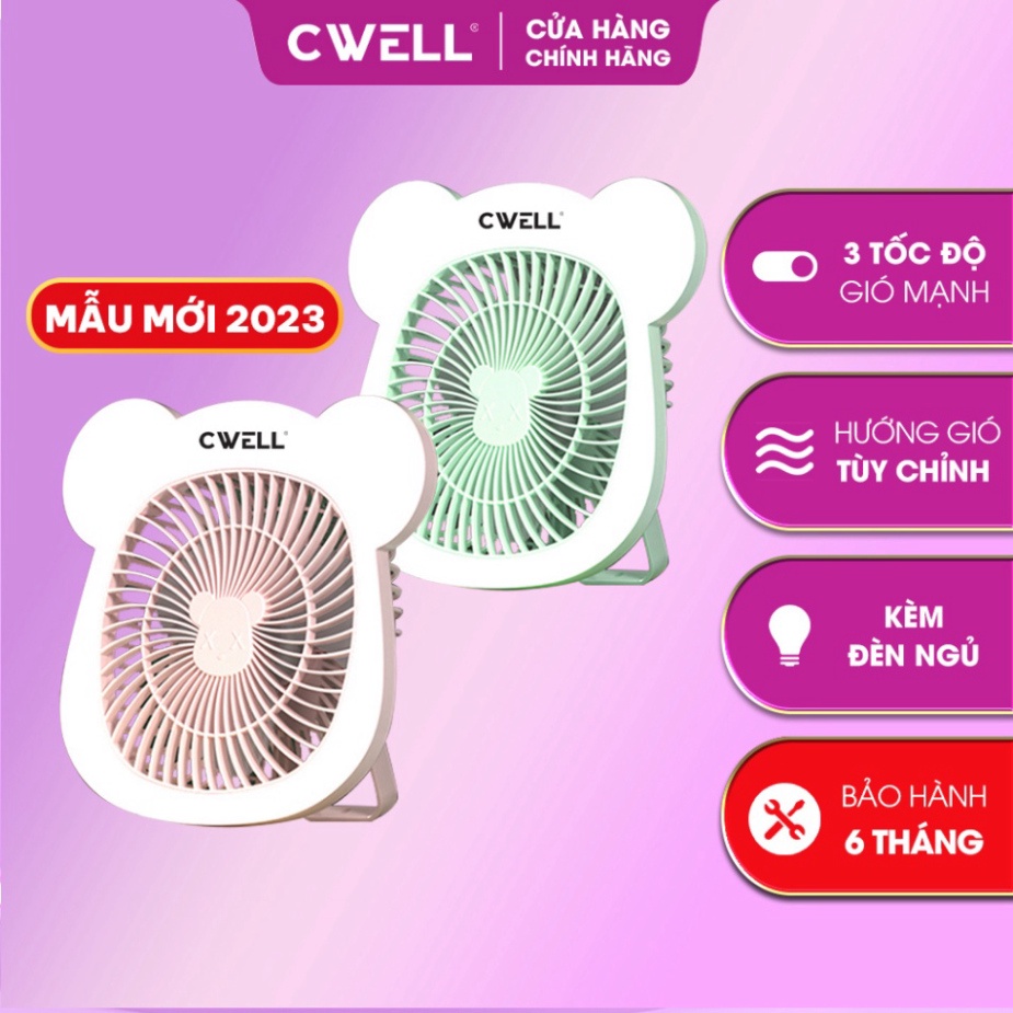 Quạt mini để bàn, Quạt năng lượng kiêm quạt Có Đèn Led, quạt máy 3 vận tốc gió, Pin khủng, Xoay 180 độ hàng hiệu CWELL