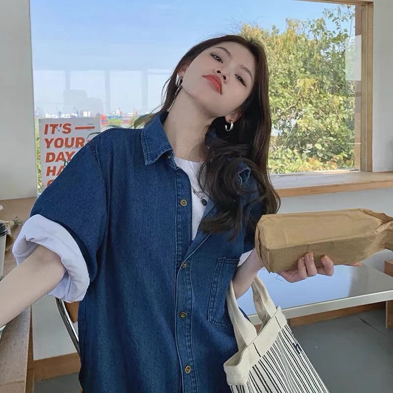 Đầm Sơ Mi Denim Tay Ngắn Cổ Cao Phong Cách Retro