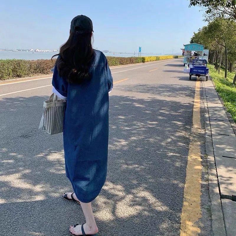 Đầm Sơ Mi Denim Tay Ngắn Cổ Cao Phong Cách Retro