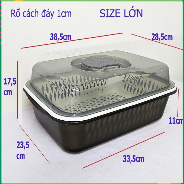 Hộp nhựa lớn có nắp và rổ nhựa, thau rổ có nắp, úp chén ly size lớn 38,5x28,5cm cao 17,5cm. MT3125