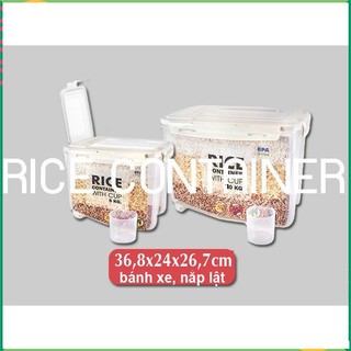Thùng nhựa đựng đồ, thùng đựng gạo 11kg gạo, 16L8, 2 bánh xe, nắp kép khóa cài, lật mở của Thái 36,8x24x26,7cm 1399
