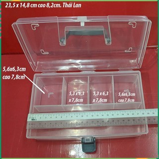 Hộp dụng cụ 5 ngăn cố định trong suốt, có khóa cài, quai xách 23,5x14,8cm cao 8,2cm. Sx tại Thái Lan