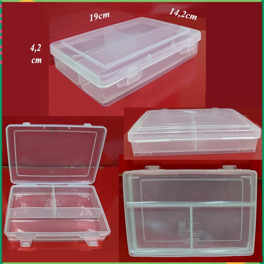 Hộp nhựa nhiều ngăn (vách chia dạng chữ T) hộp nhựa 3 ngăn cố định, trong suốt, khóa cài 19,9x14,2x4cm. Sx tại Nhật.D206