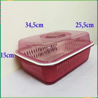 Hộp nhựa lớn có nắp và rổ nhựa, bộ thau rổ có nắp chữ nhật, khay rổ úp chén ly có nắp 34,5x25,5cm cao 15cm. MT3124