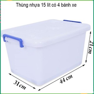 thùng nhựa đựng đồ có nắp khóa cài, 2 quai xách, có 4 bánh xe 15 lít. H749