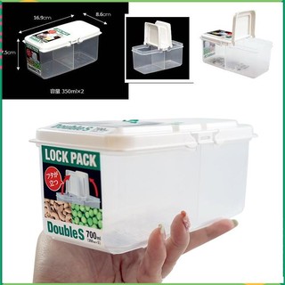 hộp nhựa đựng thực phẩm chữ nhật 700ml chia 2 ngăn, 2 nắp bật mở đứng tiện lợi, Nhật sx. H279
