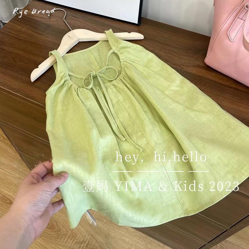 Đầm Sát Nách Vải Cotton Màu Xanh Lá Kiểu Hàn Quốc Dễ Thương Cho Bé Gái