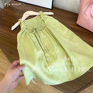 Đầm sát nách vải cotton màu xanh lá kiểu hàn quốc dễ thương cho bé gái