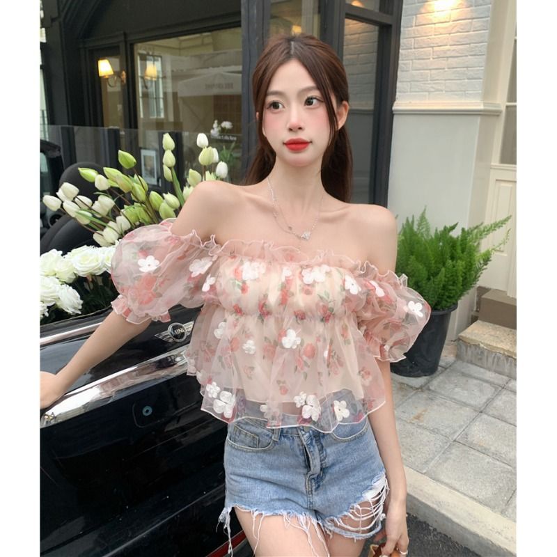 Áo Kiểu Tay Phồng Trễ Vai Ôm Dáng Phong Cách Ngọt Ngào Kiểu Mới