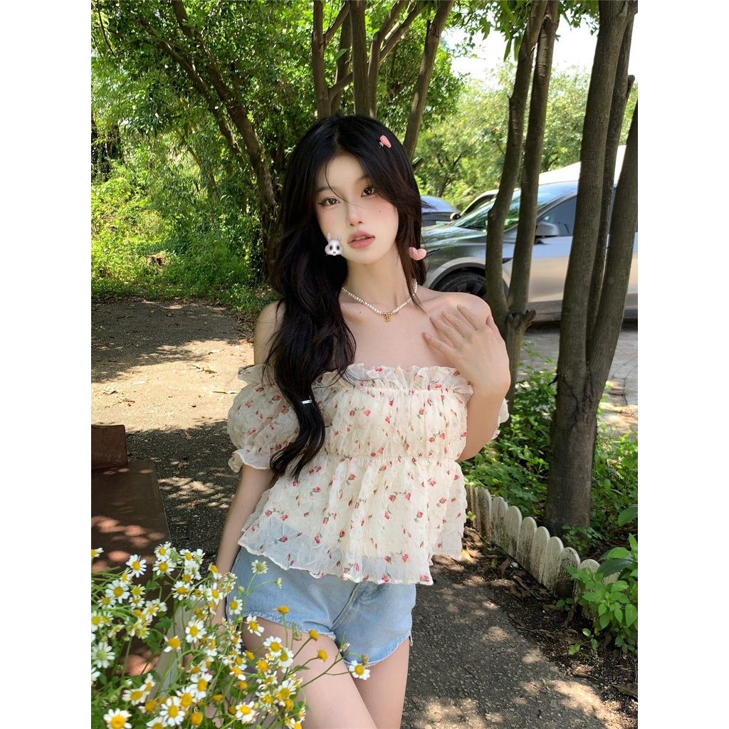 Áo Chiffon Tay Ngắn Phồng Trễ Vai In Họa Tiết Hoa Thời Trang Mùa Hè Dành Cho Nữ