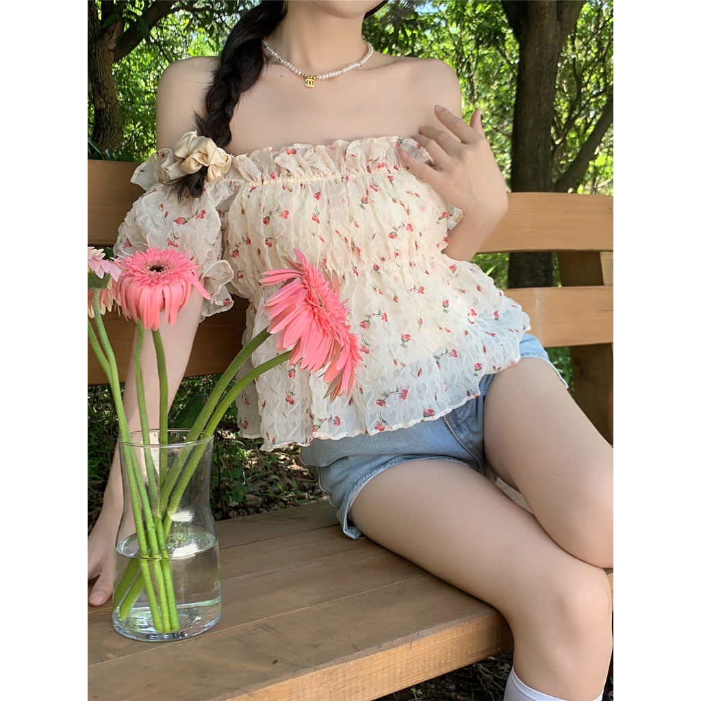 Áo Chiffon Tay Ngắn Phồng Trễ Vai In Họa Tiết Hoa Thời Trang Mùa Hè Dành Cho Nữ