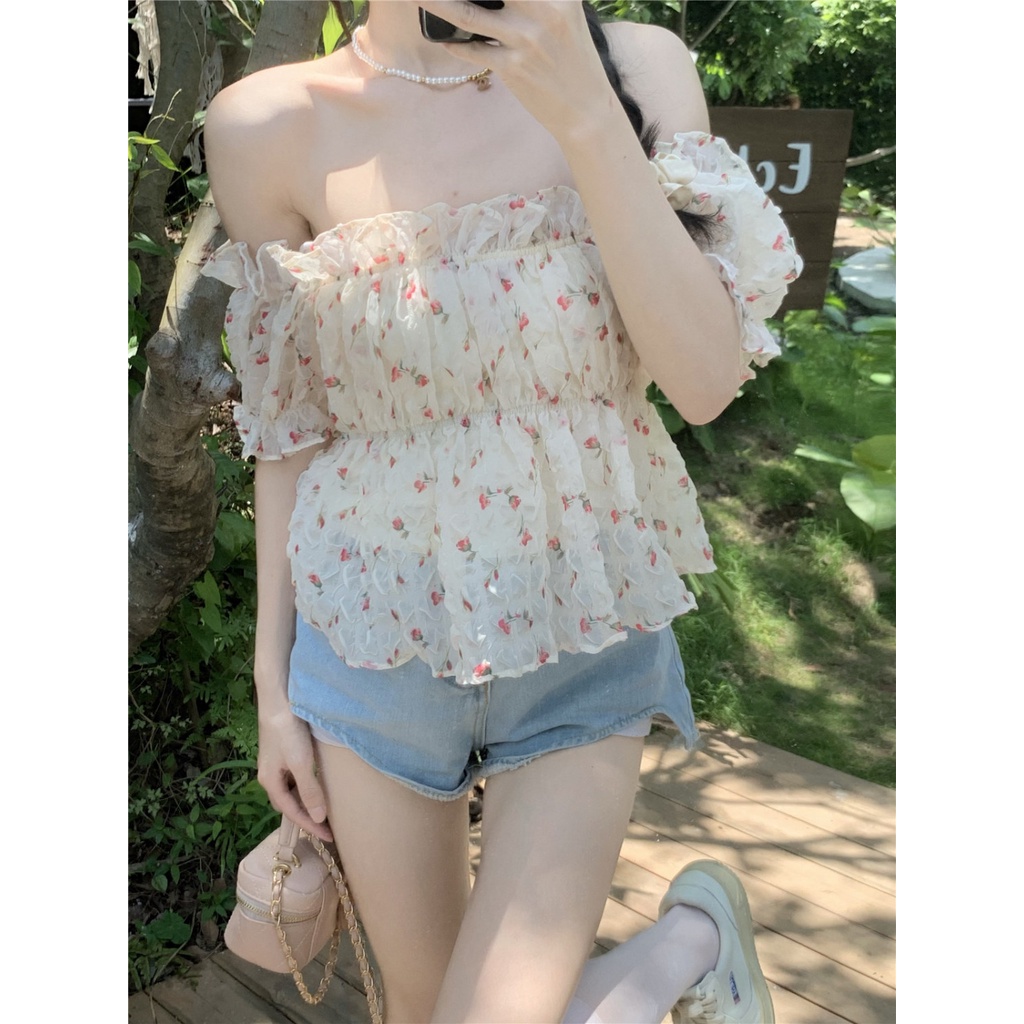 Áo Chiffon Tay Ngắn Phồng Trễ Vai In Họa Tiết Hoa Thời Trang Mùa Hè Dành Cho Nữ