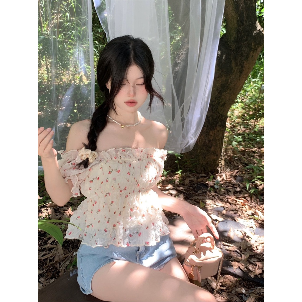 Áo Chiffon Tay Ngắn Phồng Trễ Vai In Họa Tiết Hoa Thời Trang Mùa Hè Dành Cho Nữ